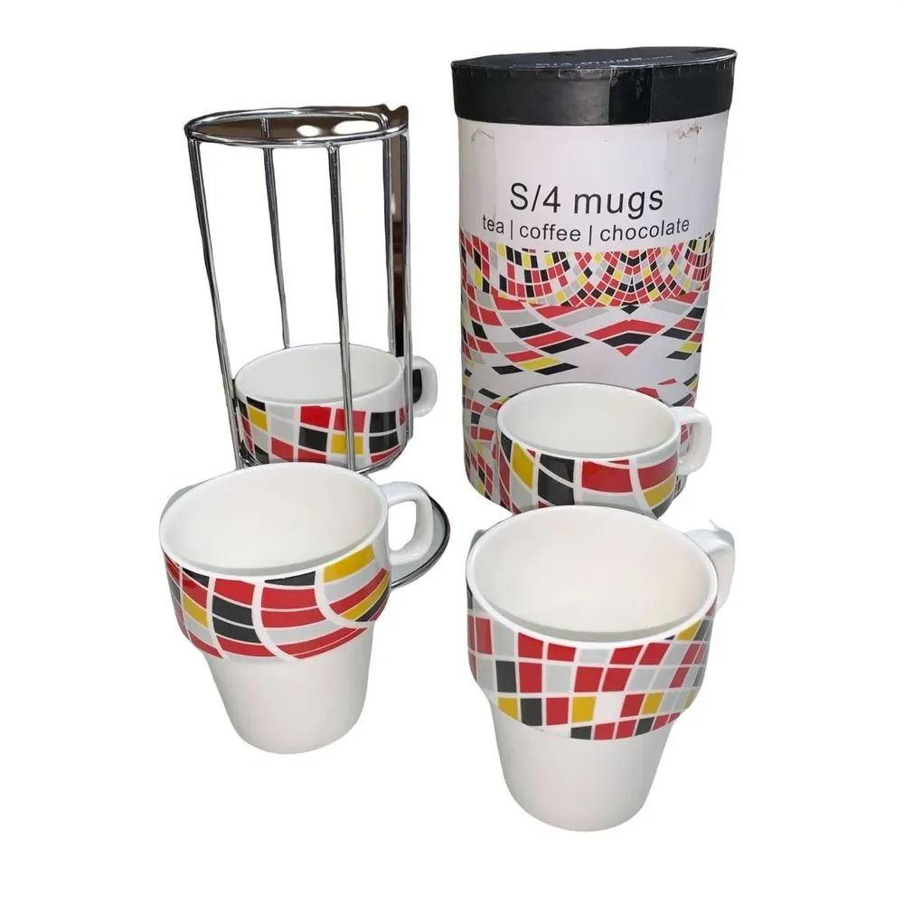 Retro MCM Set of 4 Geo Print Coffee Tea Chocolate Mugs Cups Drinkware